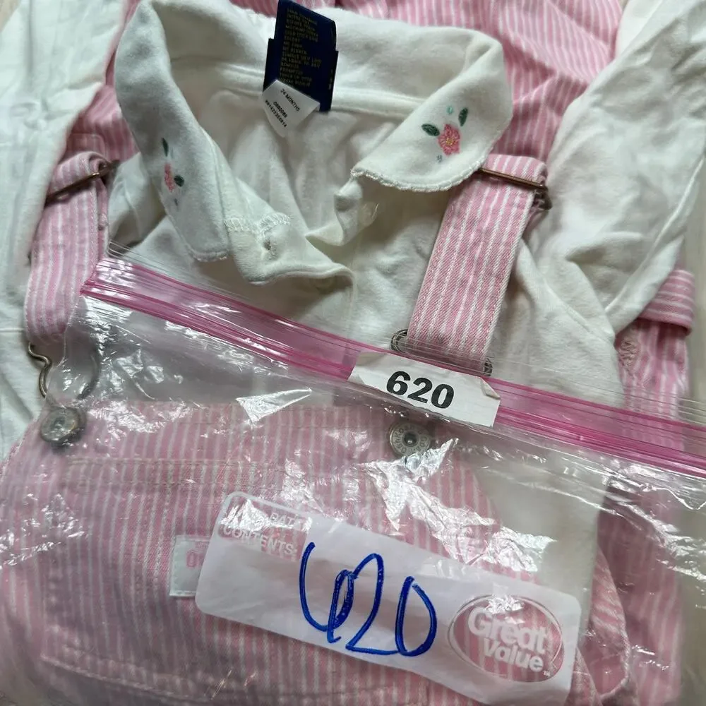 OshKosh Pink Hickory Stripe Overalls Floral Cottagecore Country Outfit Set 24M